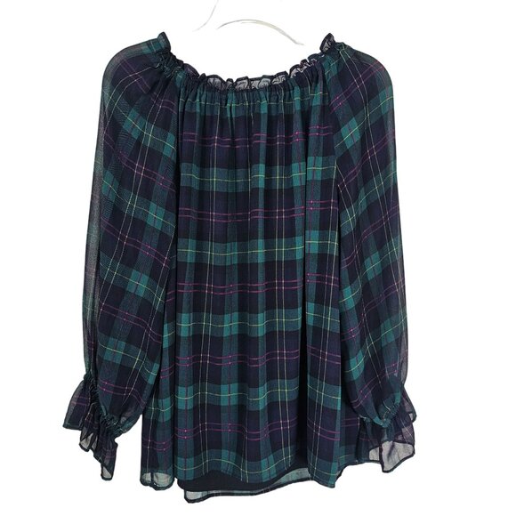Talbots Plaid Ruffle Blouse 1XP Poet Sleeves Christmas Flowy Lined Lightweight - Picture 2 of 9